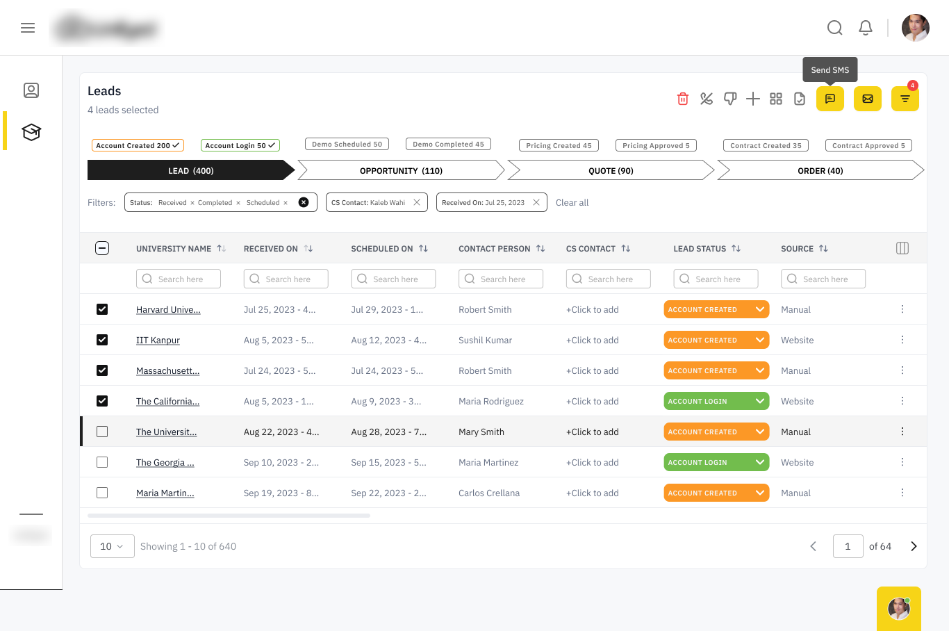 Sales pipeline with staged filters — the internal face of the same journey the prospect self-serves through