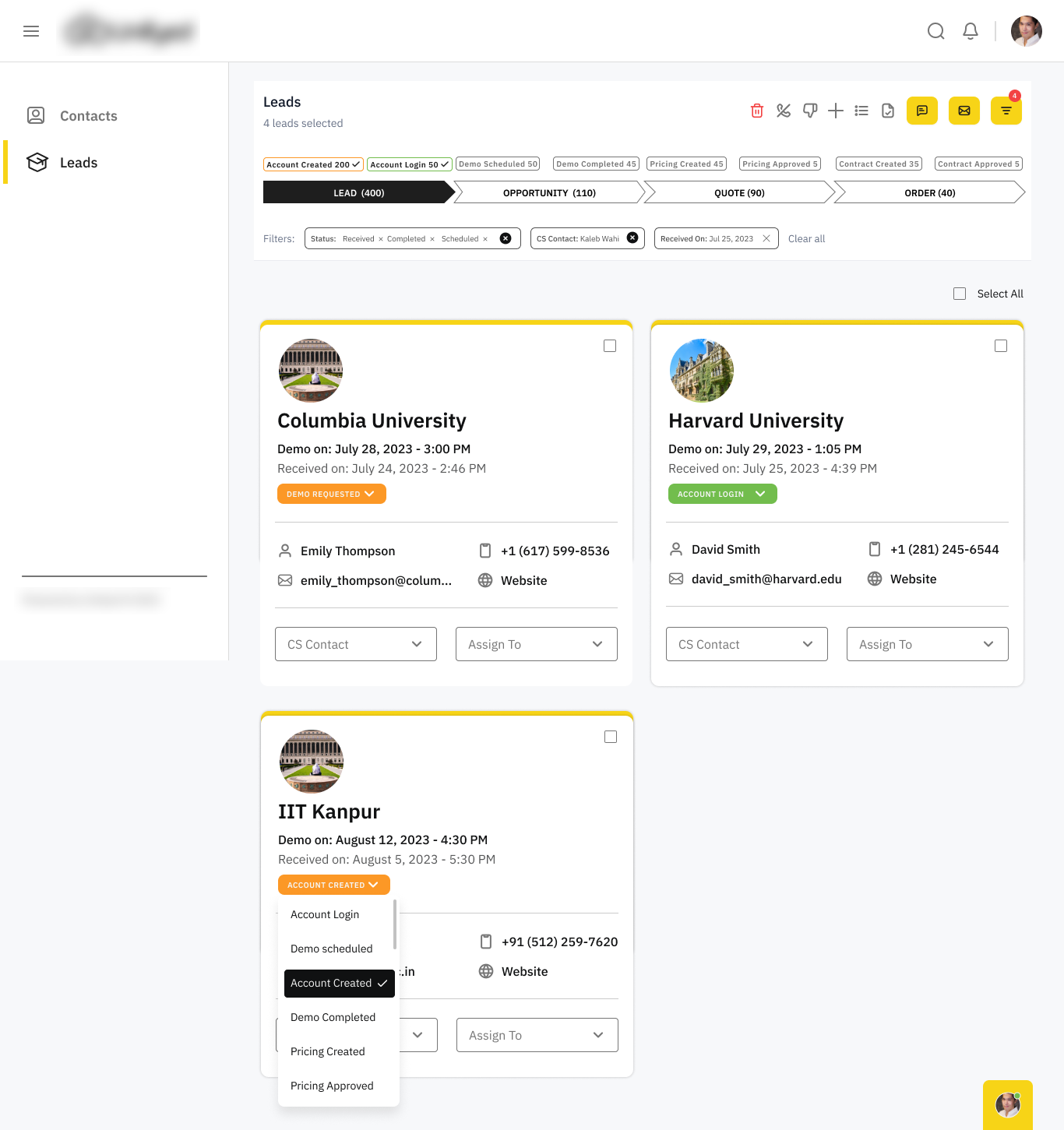 CRM lead detail with contacts and stage