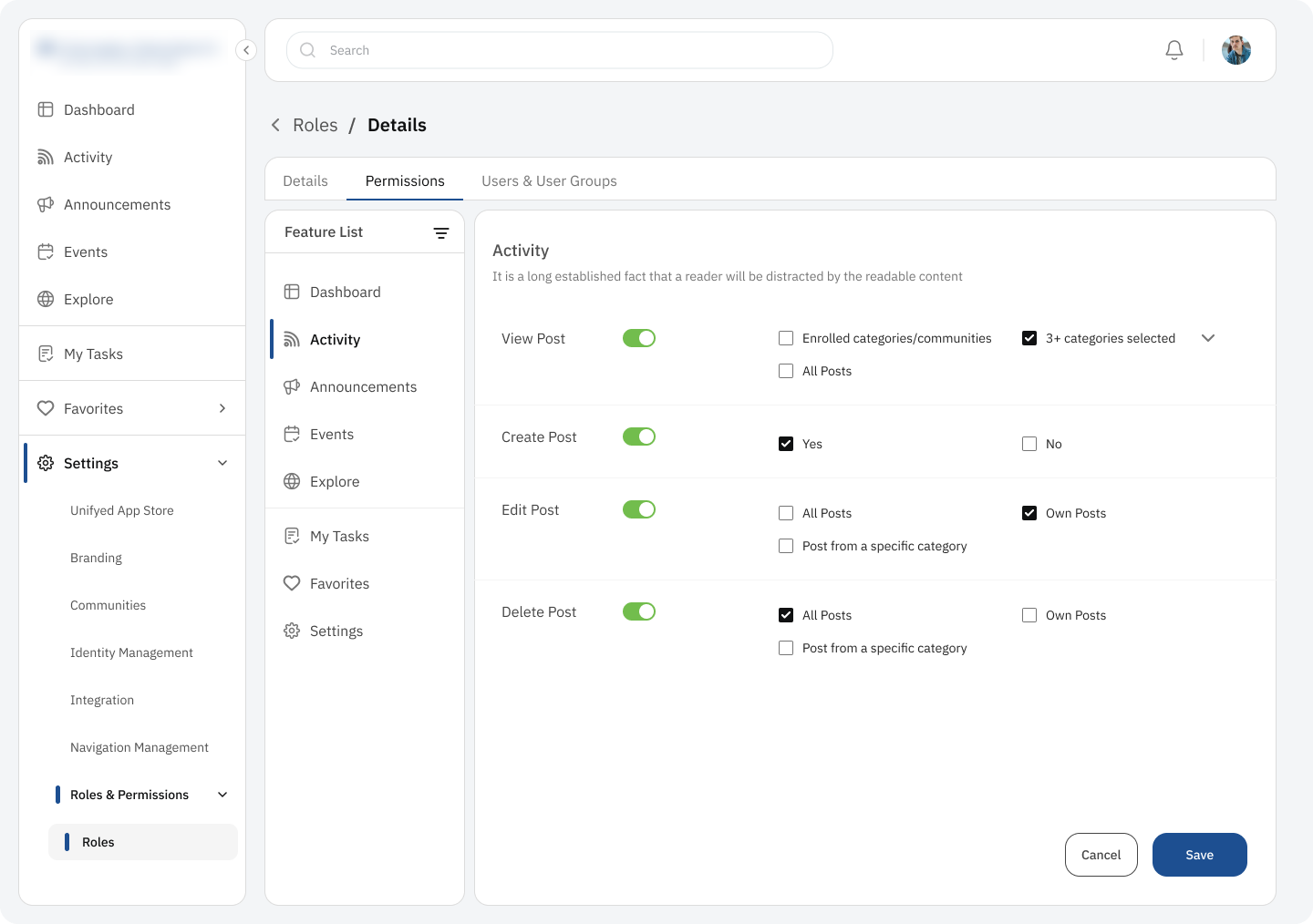 Role permissions with per-category view/create/edit/delete scopes