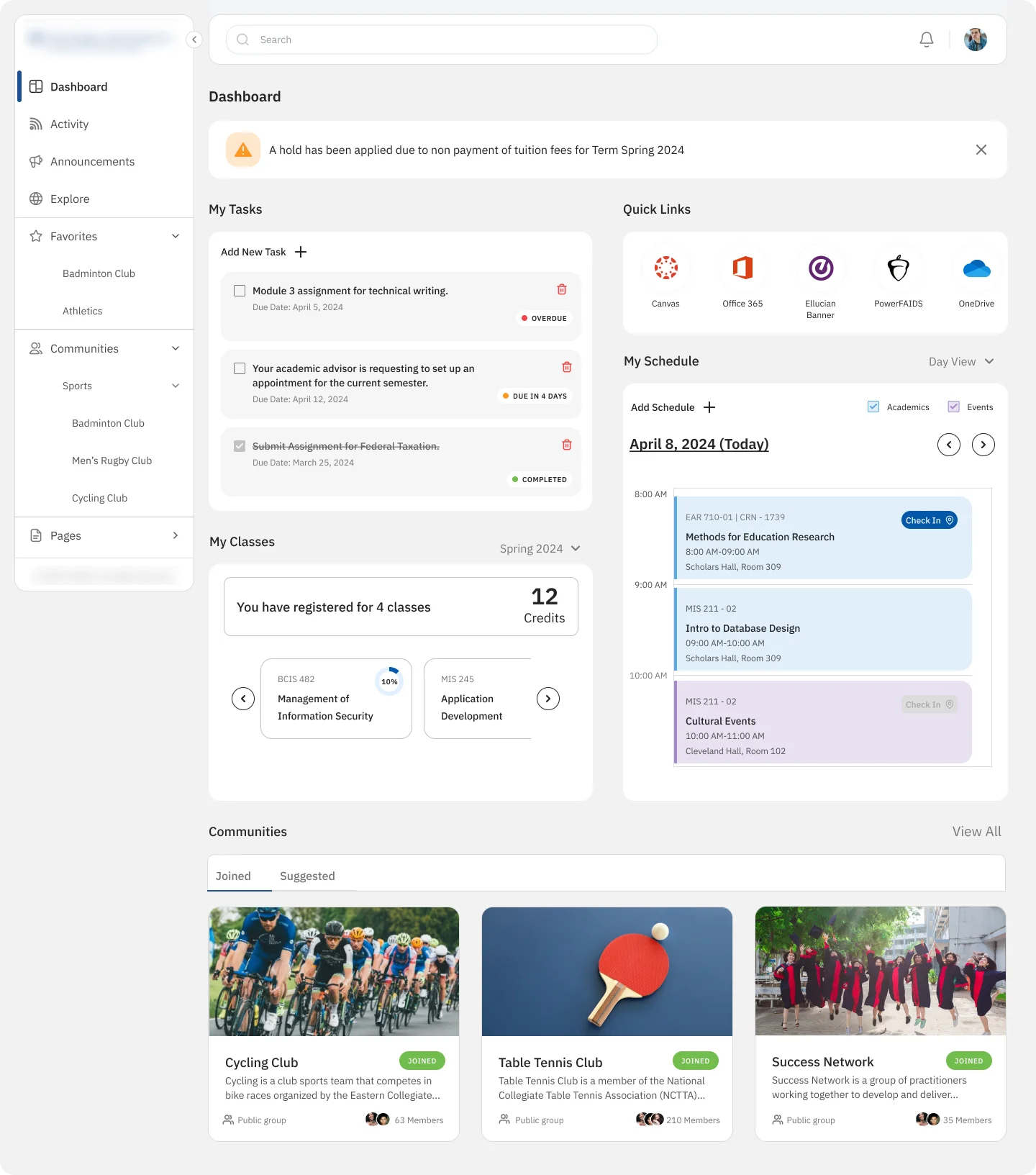 Campus Engagement Platform student dashboard