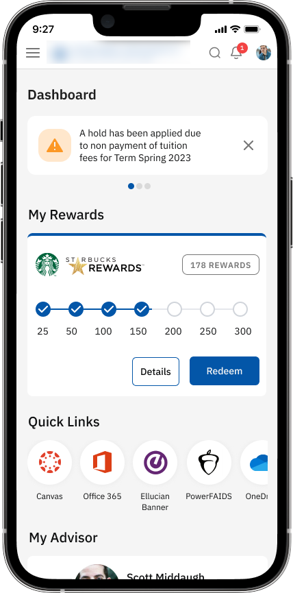 Mobile dashboard — rewards & quick links