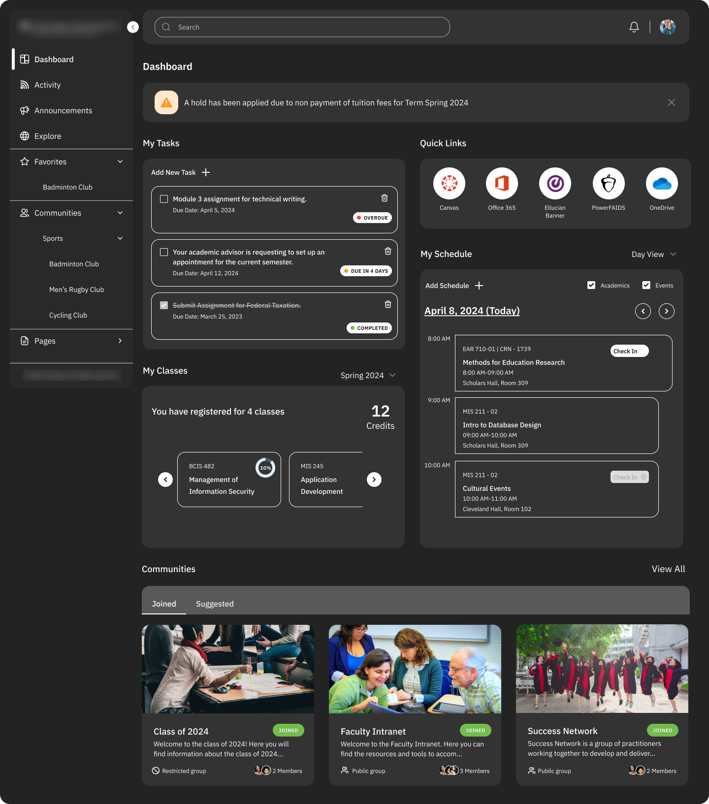 Student dashboard — dark mode