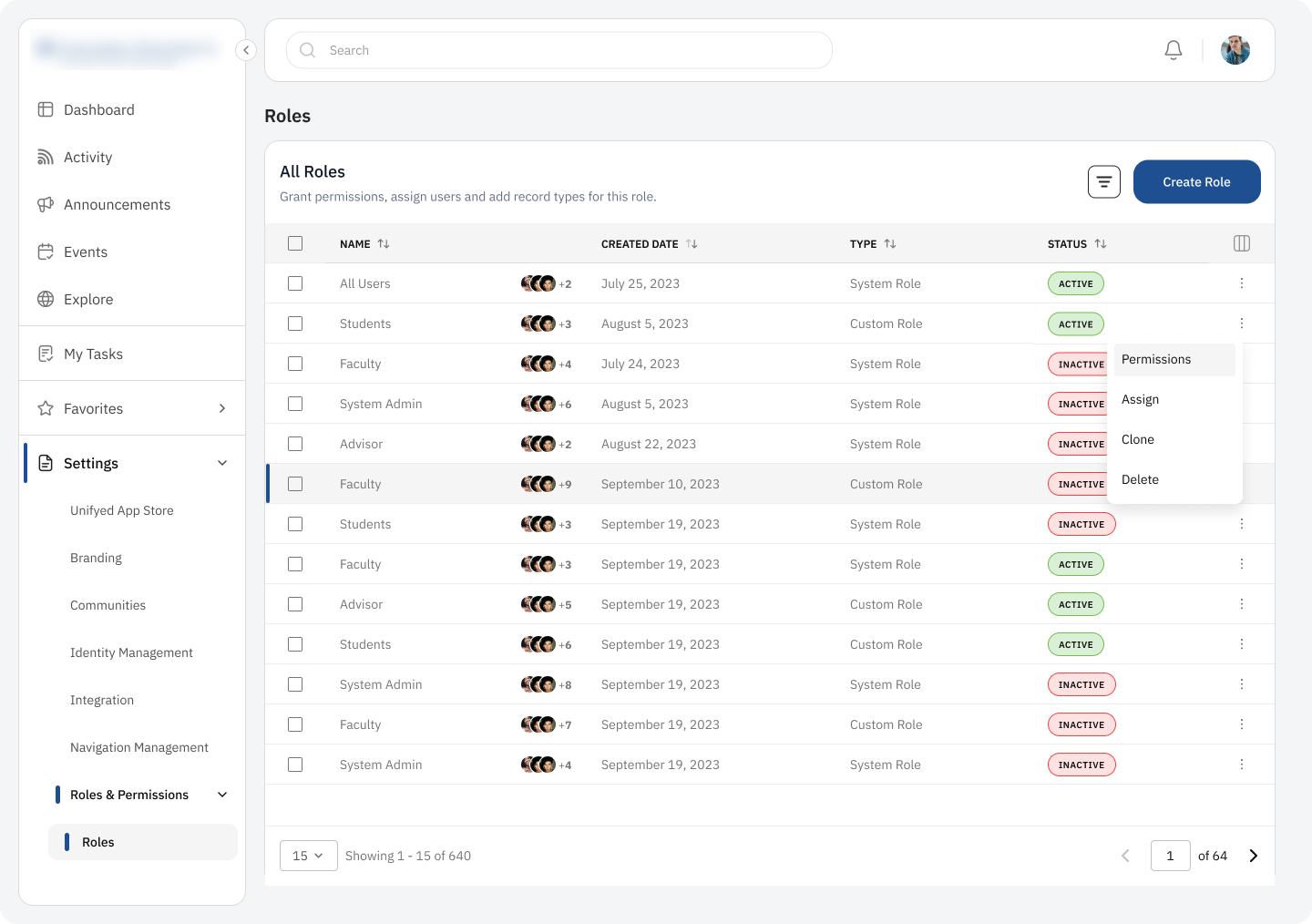 Roles & permissions listing