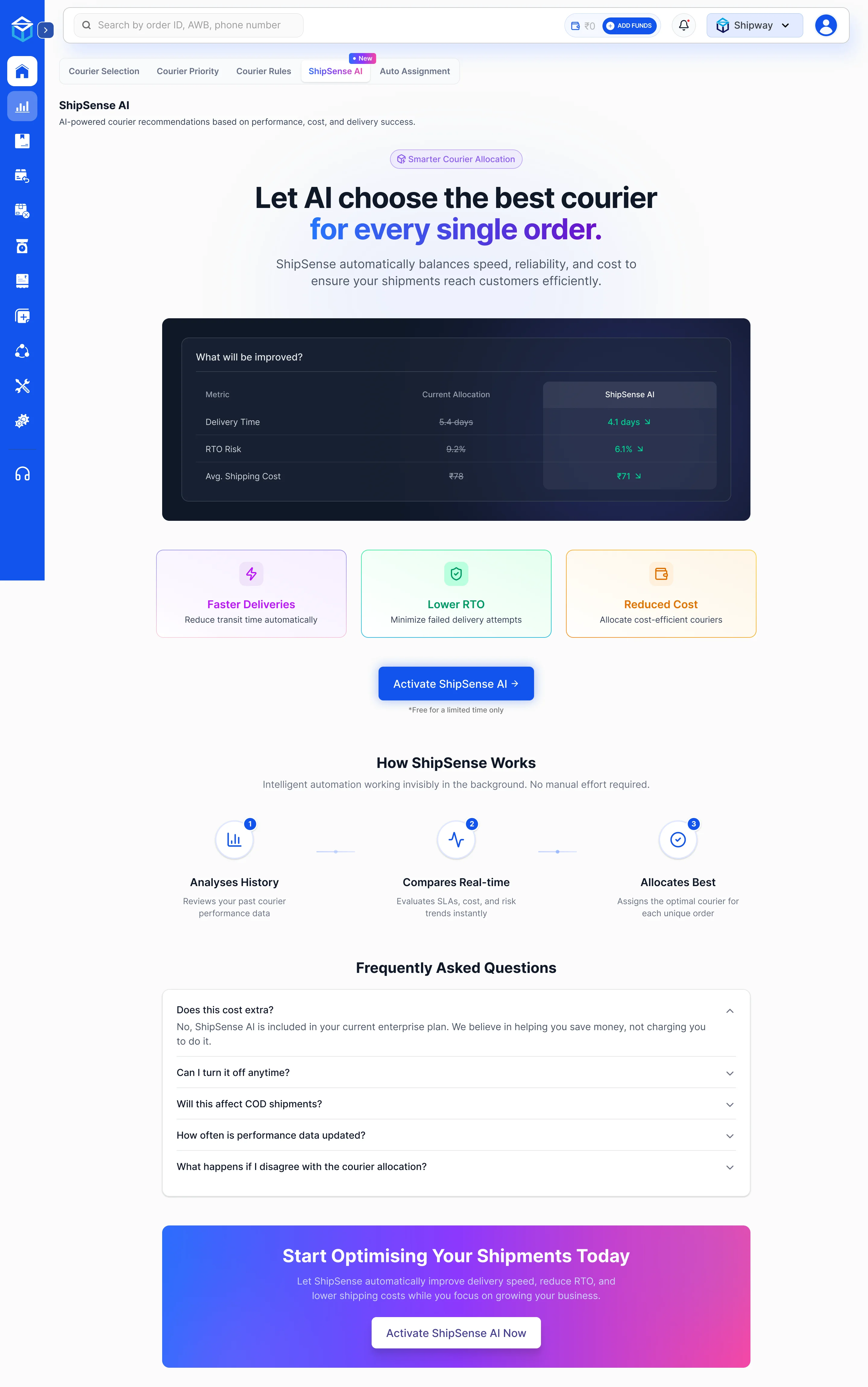 ShipSense AI comparison table — Current Allocation vs. ShipSense AI — and How It Works breakdown