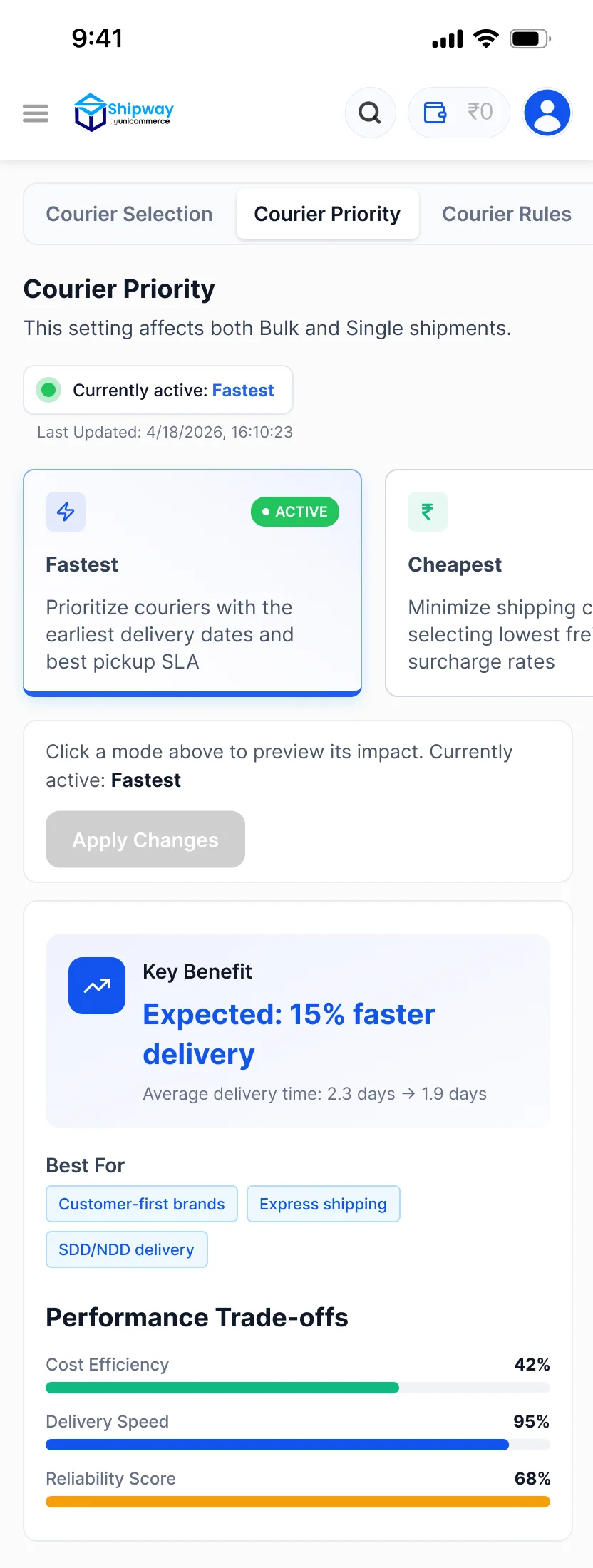 Mobile Courier Priority screen