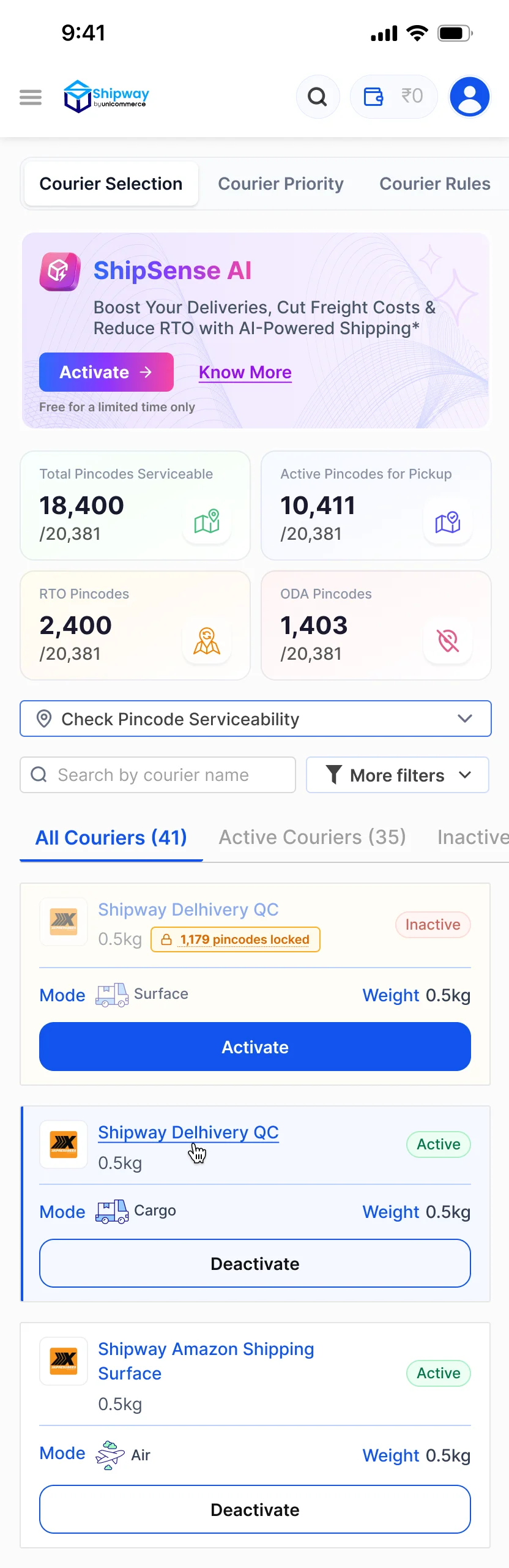 Mobile Courier Selection listing
