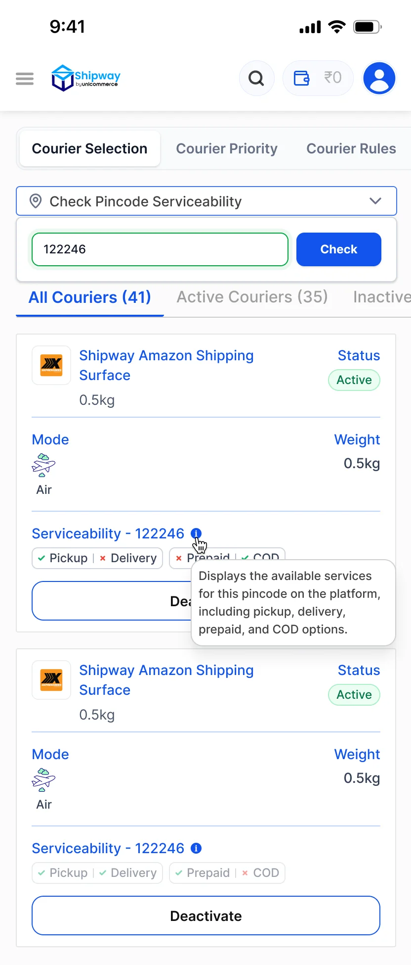 Mobile Manage Serviceability Pincodes modal