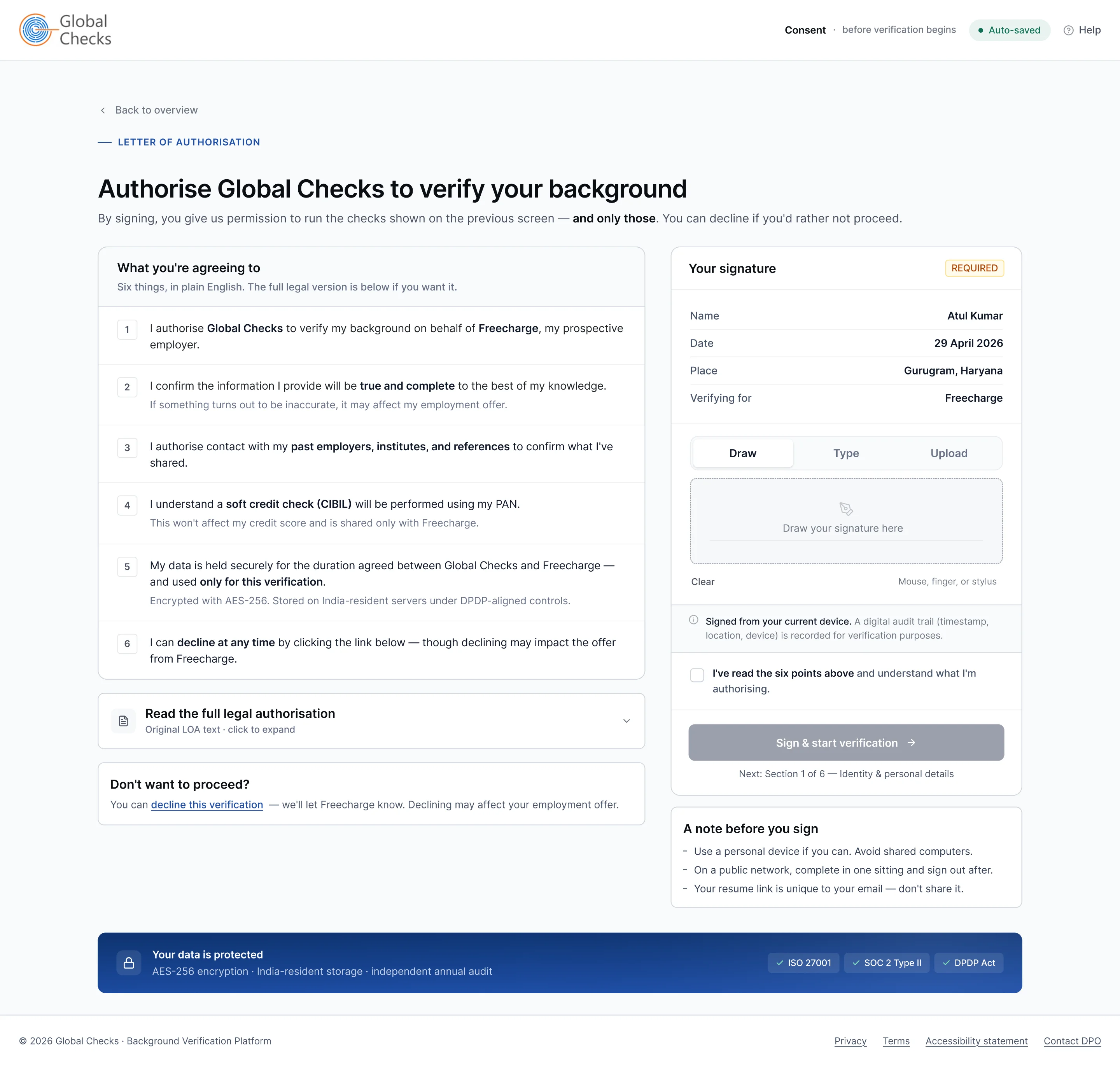 Redesigned Consent screen — six-point plain-language summary, collapsed legal text, clear signature panel