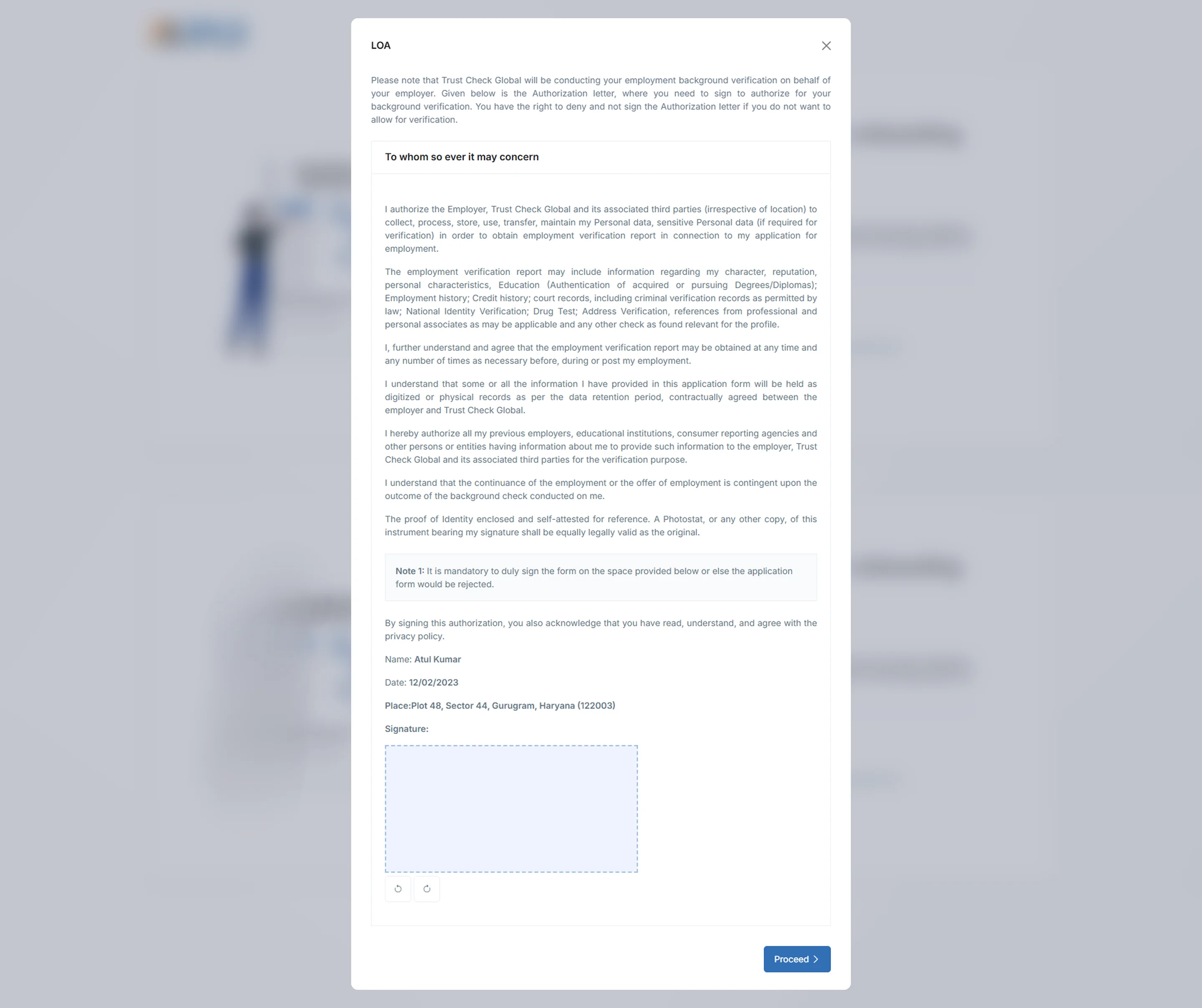 Original LOA screen — dense legal paragraphs, unlabelled signature box